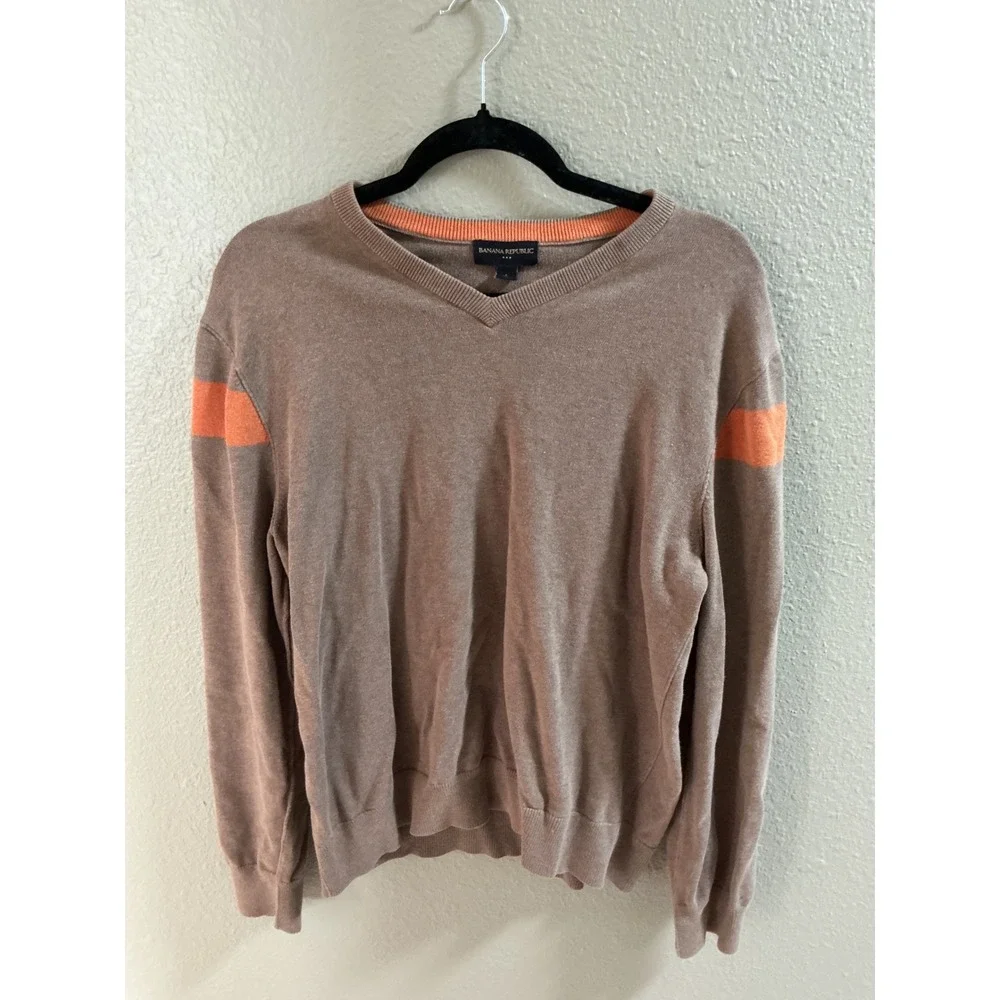 Banana Republic Mens V-Neck Sweater Brown Orange Stripe 100% Cotton Large L
